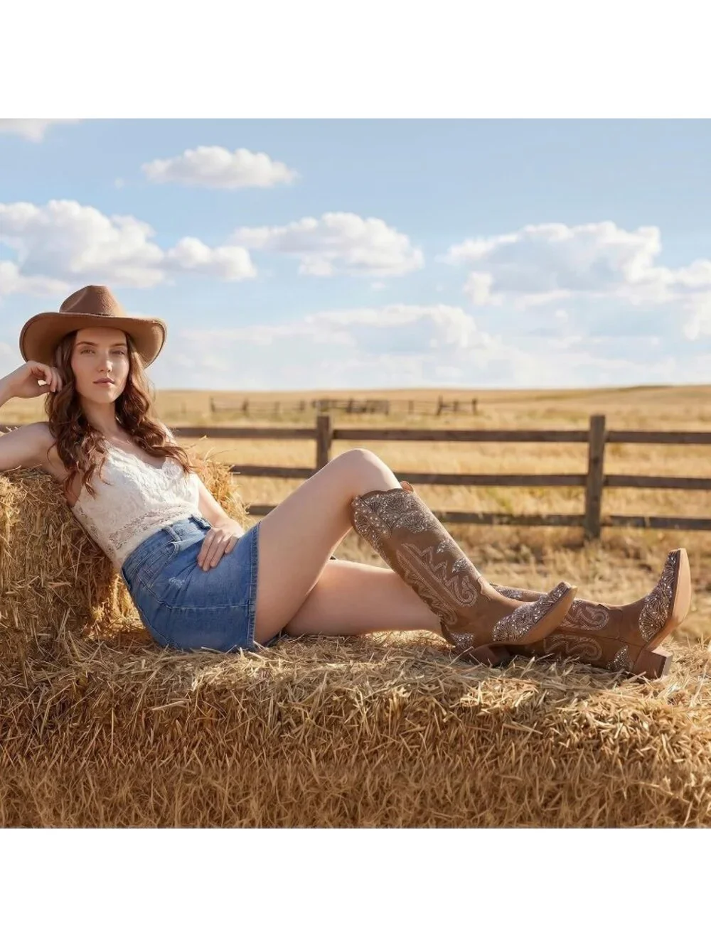 Women's Brown Durable 3D Rhinestone Knee High Sparkly Embroidery Western Boots